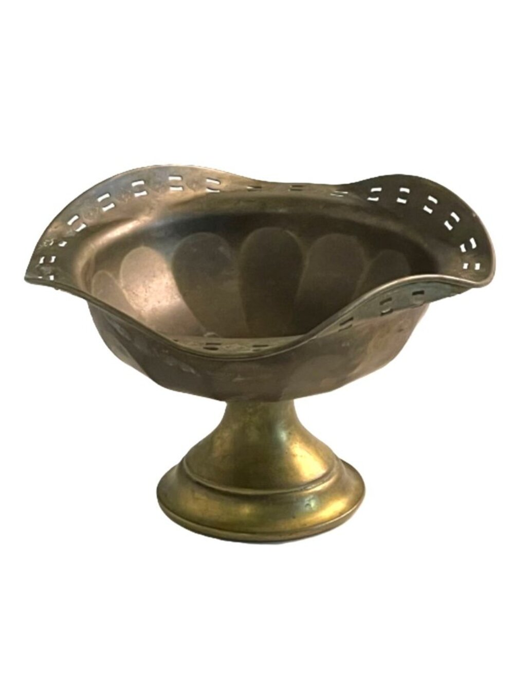 Vintage Brass Pedestal Bowl Compote 8" Pierced Rim Etched India Mid Century